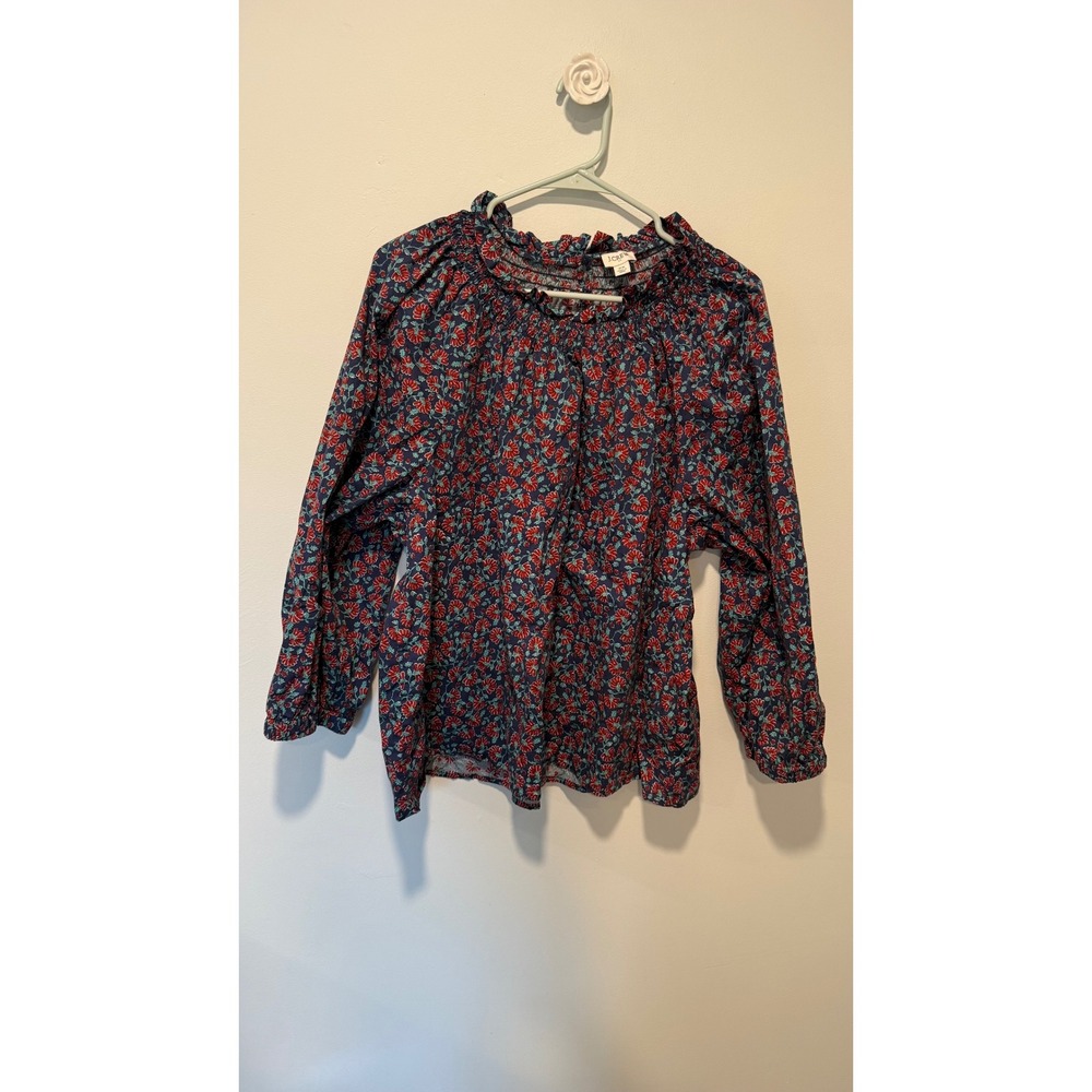 J.Crew Womens 2X Floral Smocked Neck Ruffle Blouse Navy Red Long Sleeve Top
